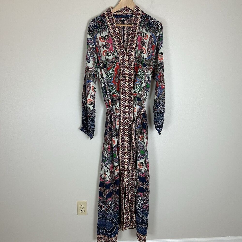 Moda Baronessa Women’s Ponce Dress L Multi 100% Silk Boho Maxi Resortwear Long